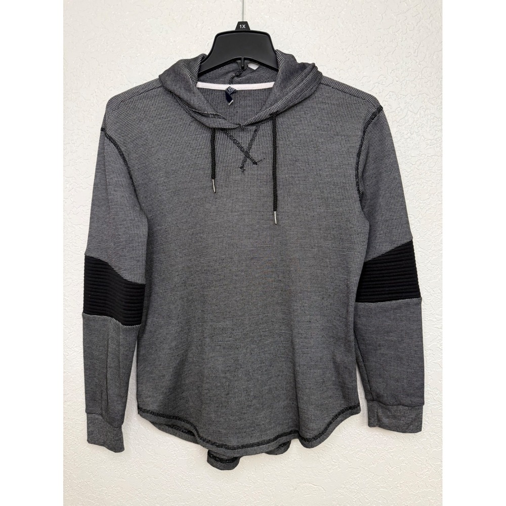 Amongst Others Mens Grey Black Textured Hooded Pullover Curved Hem Size Medium